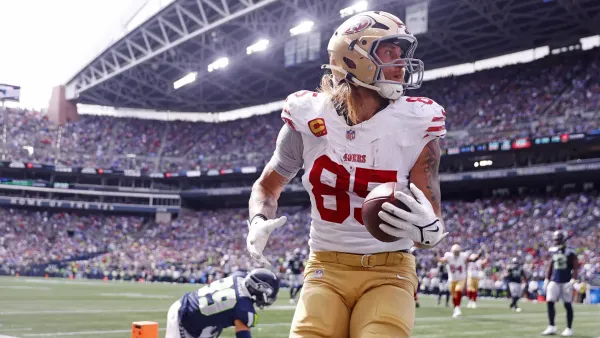 George Kittle comemora touchdown contra os Seahawks no Lumen Field. Crédito: Joe Nicholson / Imagn Images